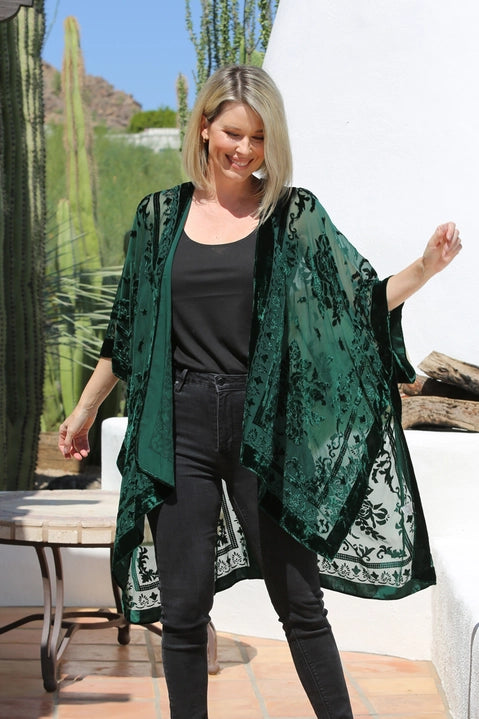 Dark Green Burnout Velvet Kimono