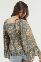 Long Flare Sleeve Flowy Top - Olive - Vintage Vault Boutique