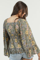 Long Flare Sleeve Flowy Top - Olive