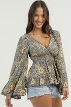 Long Flare Sleeve Flowy Top - Olive - Vintage Vault Boutique
