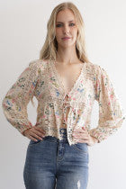 Long Sleeve Floral and Lace Tie Top