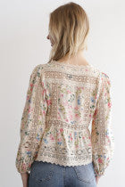 Long Sleeve Floral and Lace Tie Top