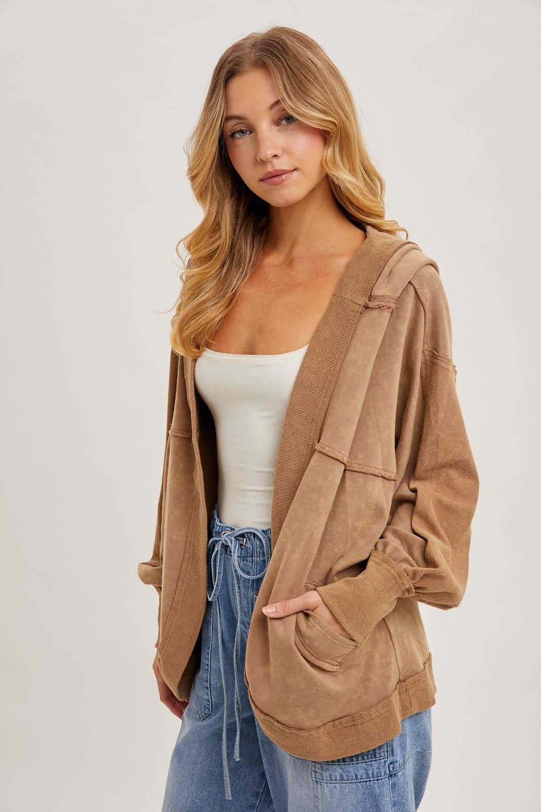 Washed Open Front Hoodie Cardigan LATTE