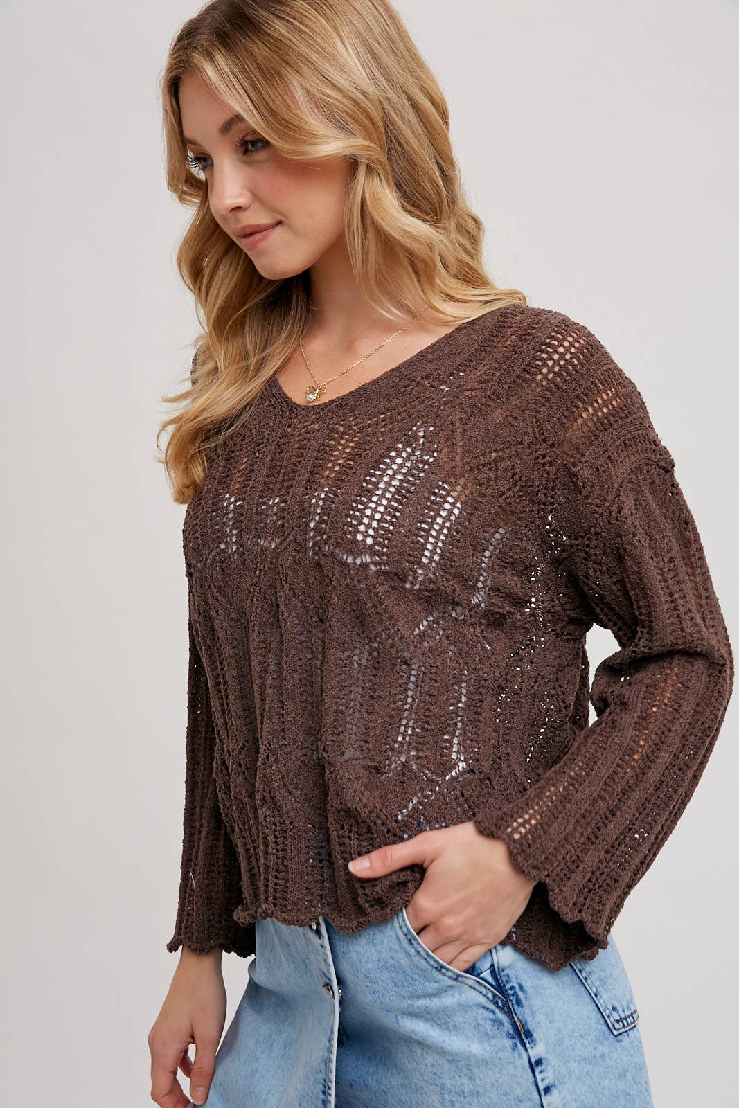 Open Knit Sweater V-Neck Pullover COFFEE