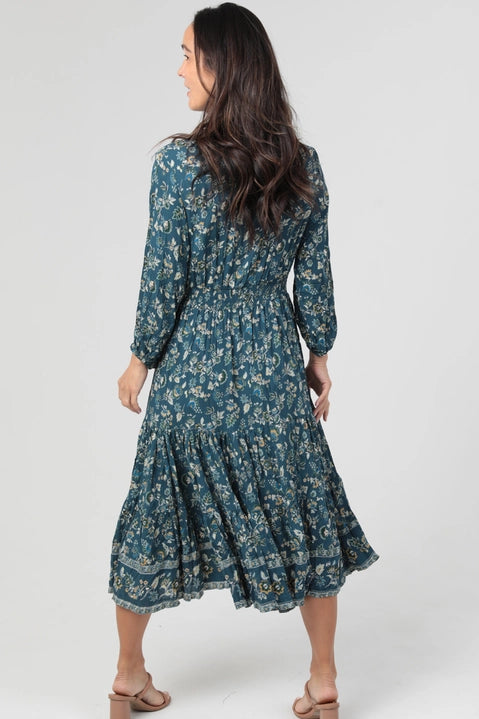 Teal Smocked Waist Midi Dress