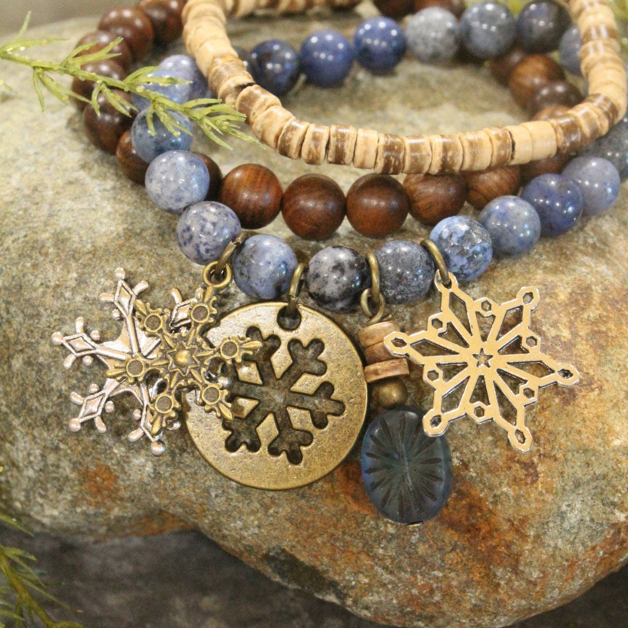 Czech Stone &amp; Bronze Snowflake Stretch Blue Bracelet Set