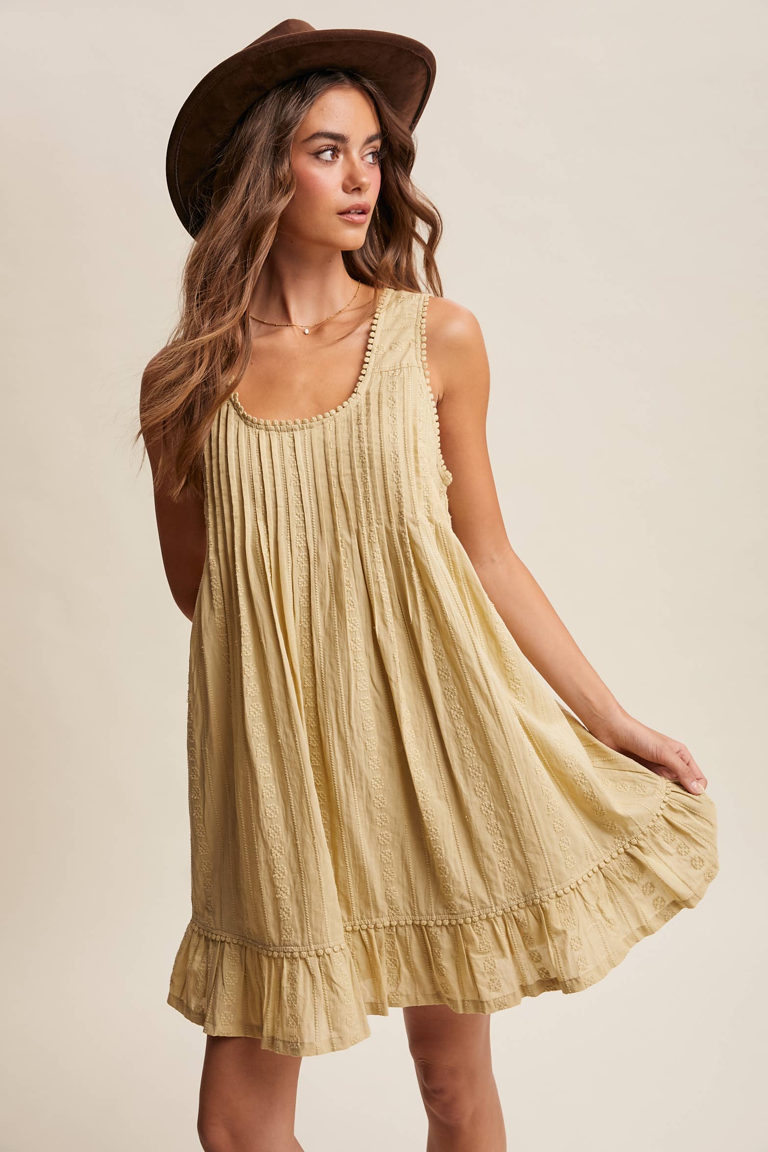 Pintuck Mini Dress - Light Olive - Vintage Vault Boutique