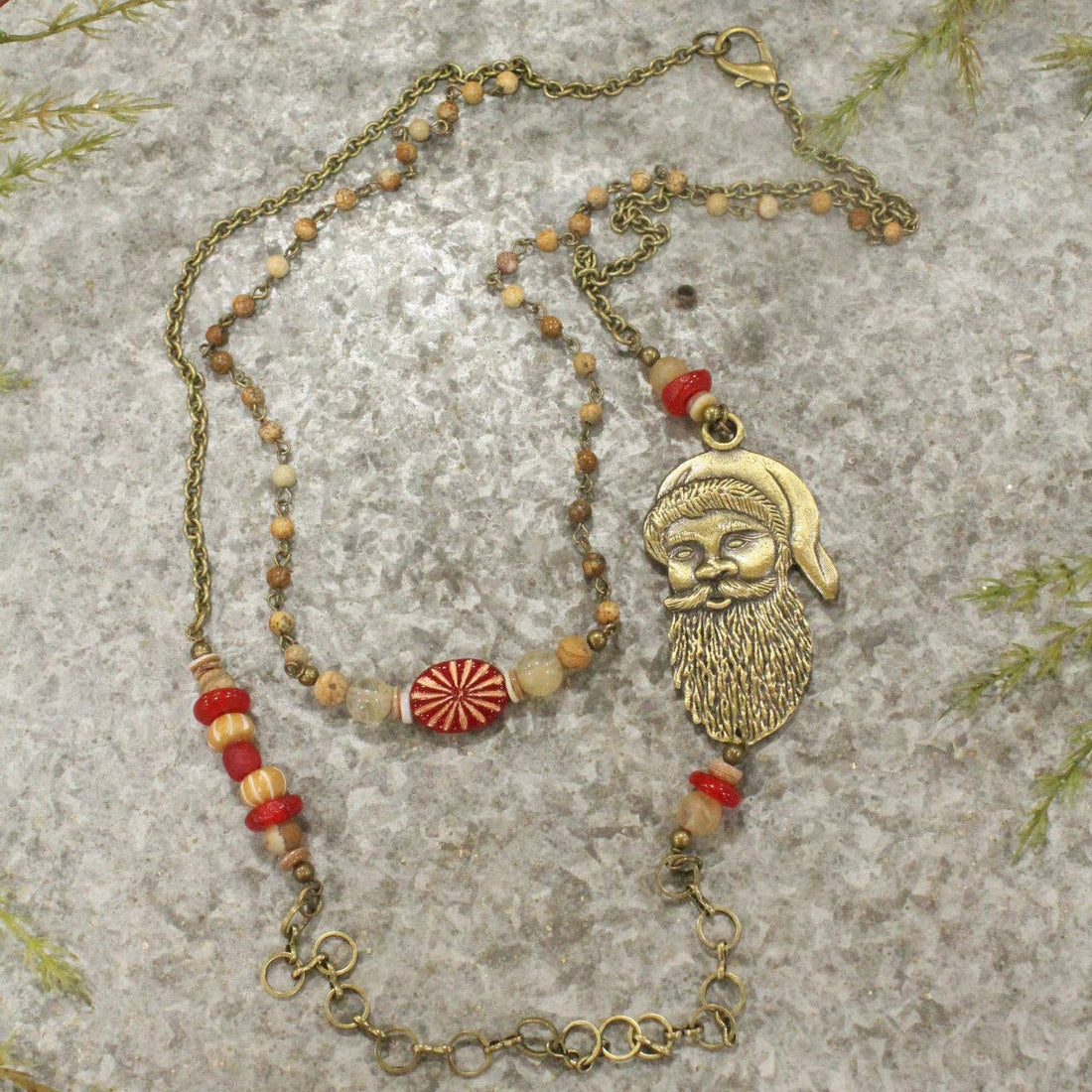 Bronze Santa &amp; His Czech Candy Layered Pendant Necklace