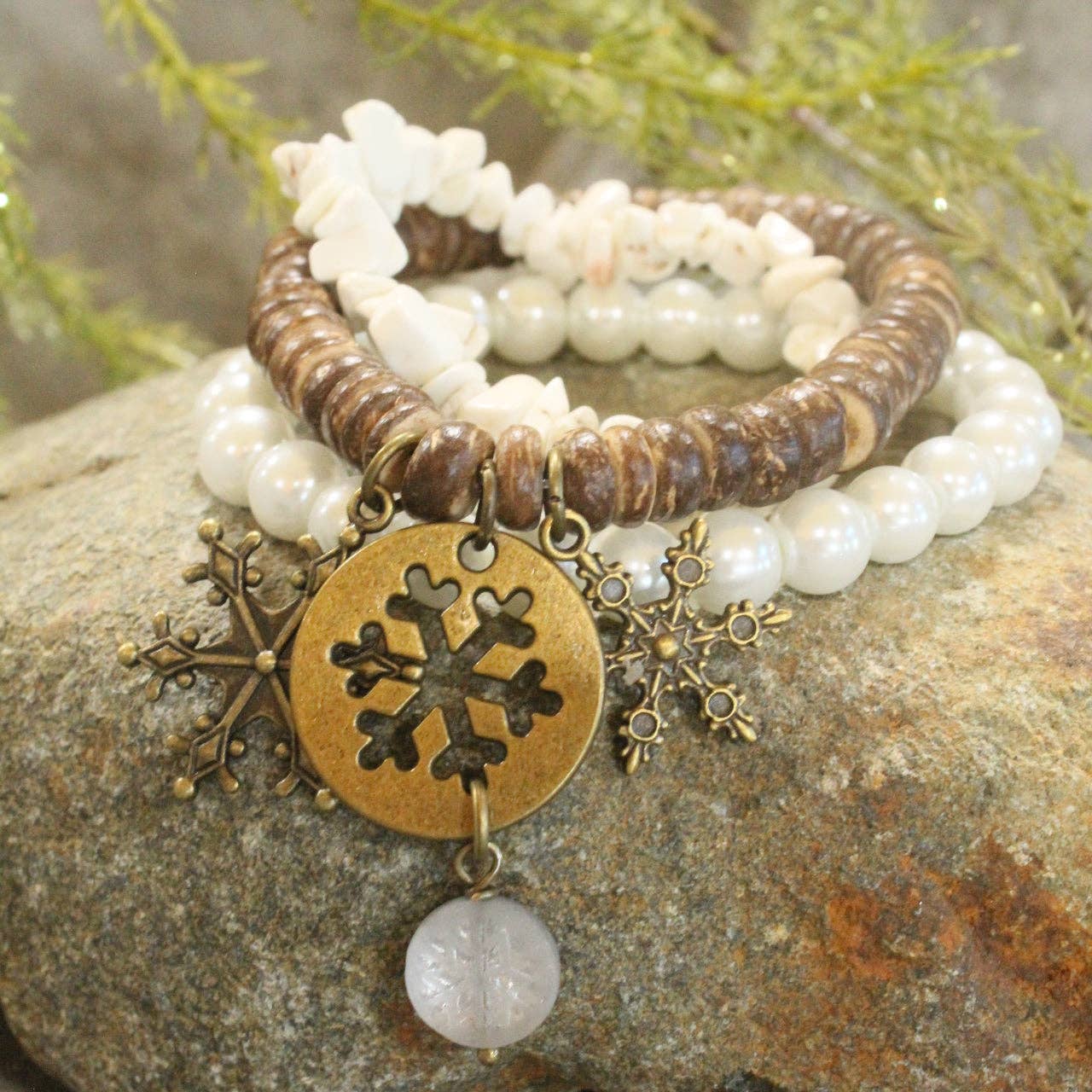 Czech Stone &amp; Bronze Snowflake Stretch White Bracelet Set