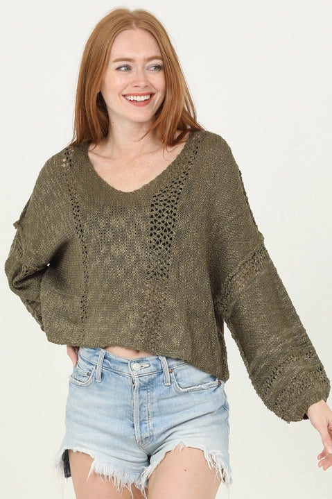 Olive Open Knit Sweater Top