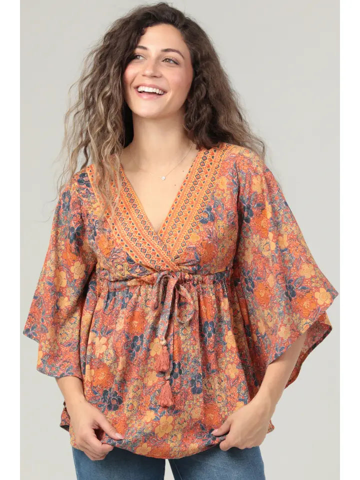 Rust V-Neck Circle Waist Tie Top
