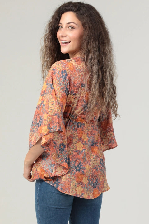 Rust V-Neck Circle Waist Tie Top