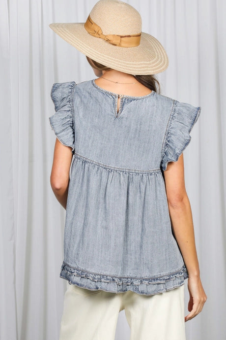 Ruffle Accent Chambray Top