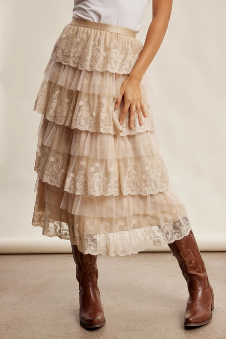 Frilly Lace Tiered Midi Skirt