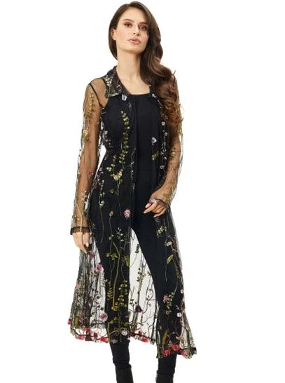 Embroidered Duster with a Tapestry of Floral Motifs BLACK