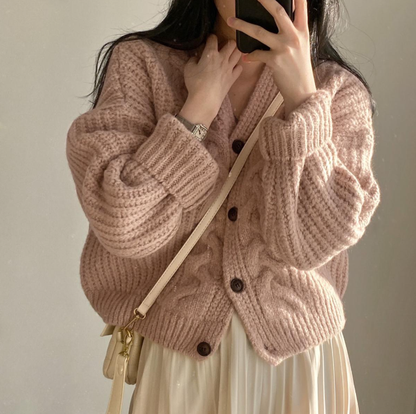 Cable Knit Cardigan Sweater Pink