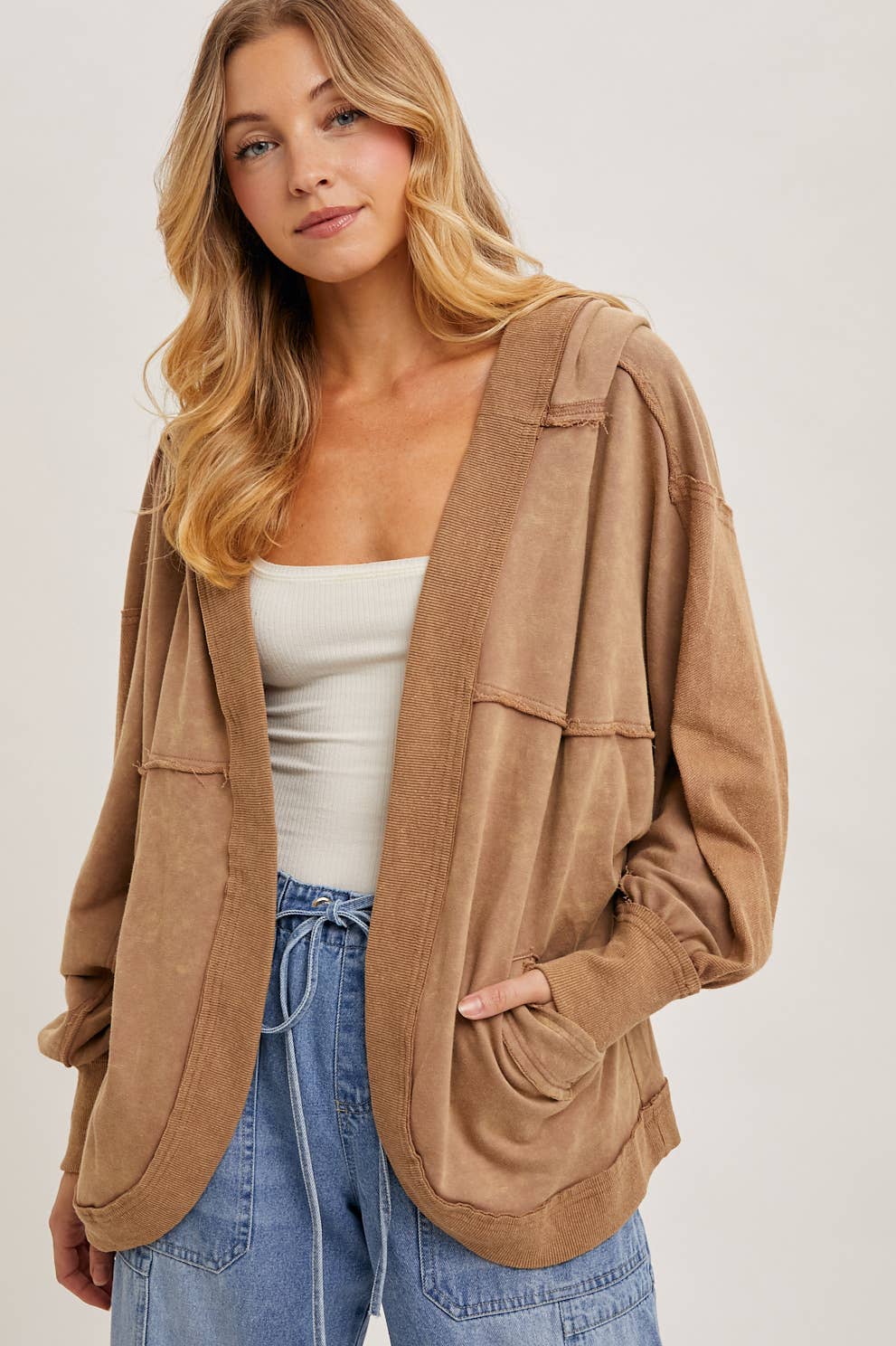 Washed Open Front Hoodie Cardigan LATTE