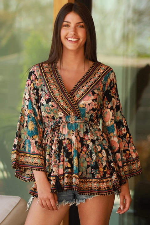 Black Floral V-Neck Tie Tunic Top