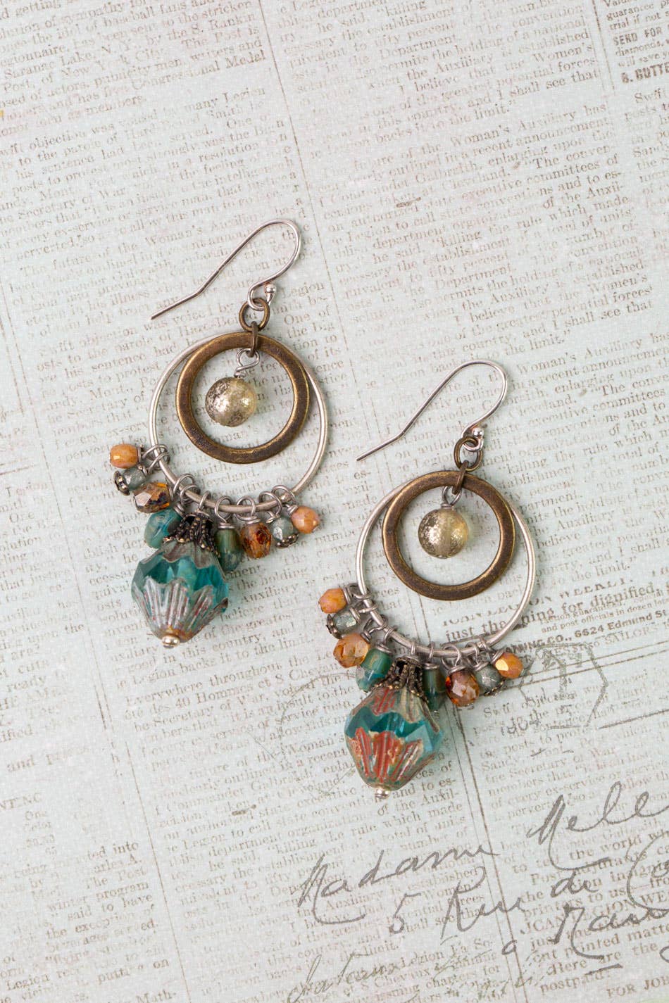Wisdom Within Turquoise Blue Czech Glass Flower With Antique Gold Etching Cluster Earrings E018 - 2 - Vintage Vault Boutique