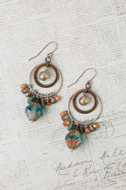 Wisdom Within Turquoise Blue Czech Glass Flower With Antique Gold Etching Cluster Earrings E018 - 2 - Vintage Vault Boutique