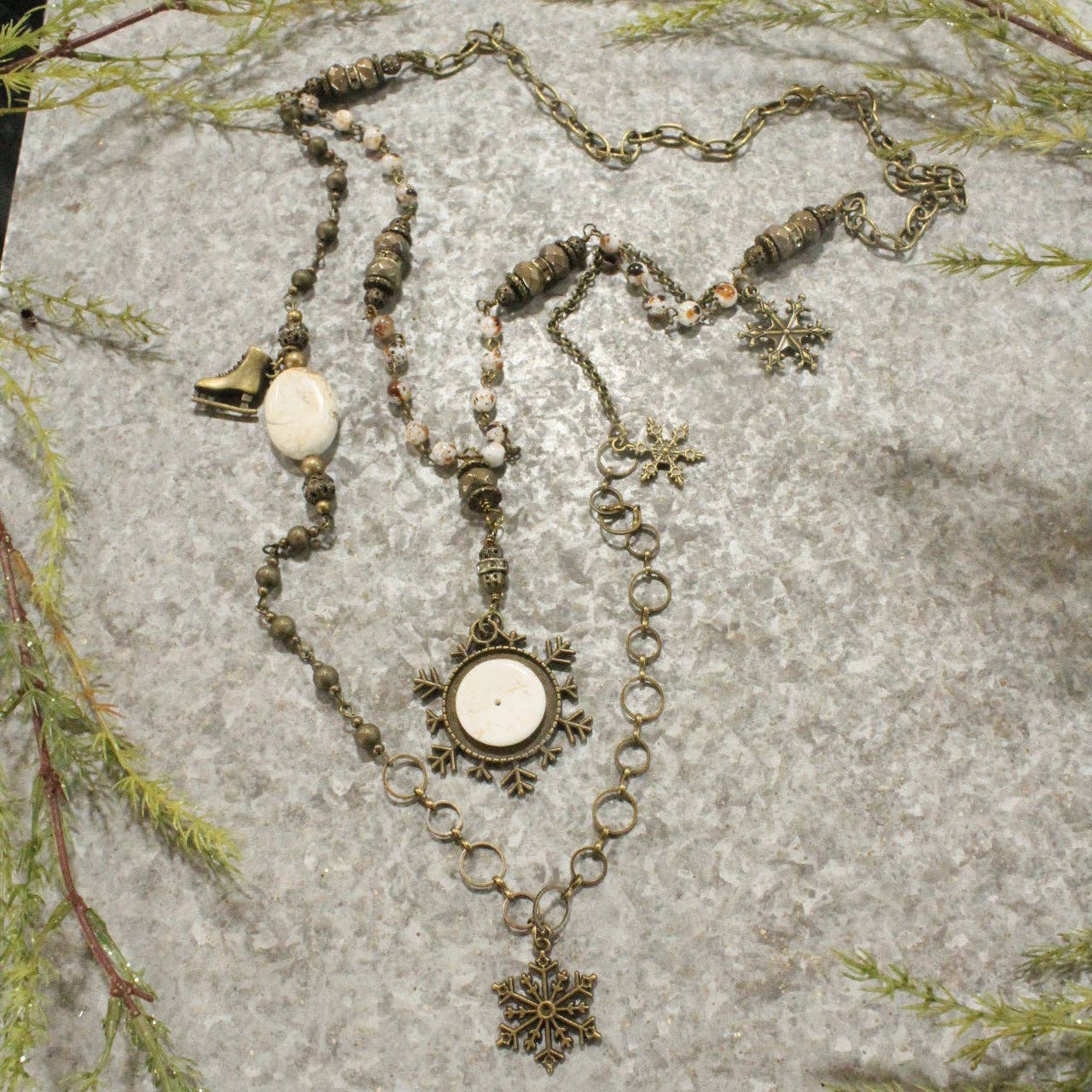 Bronze Rosary Stone Snowflake Layered Pendant Necklace