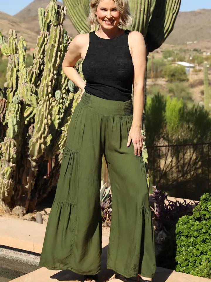 Smocked Tiered Boho Pants - OLIVE - Vintage Vault Boutique