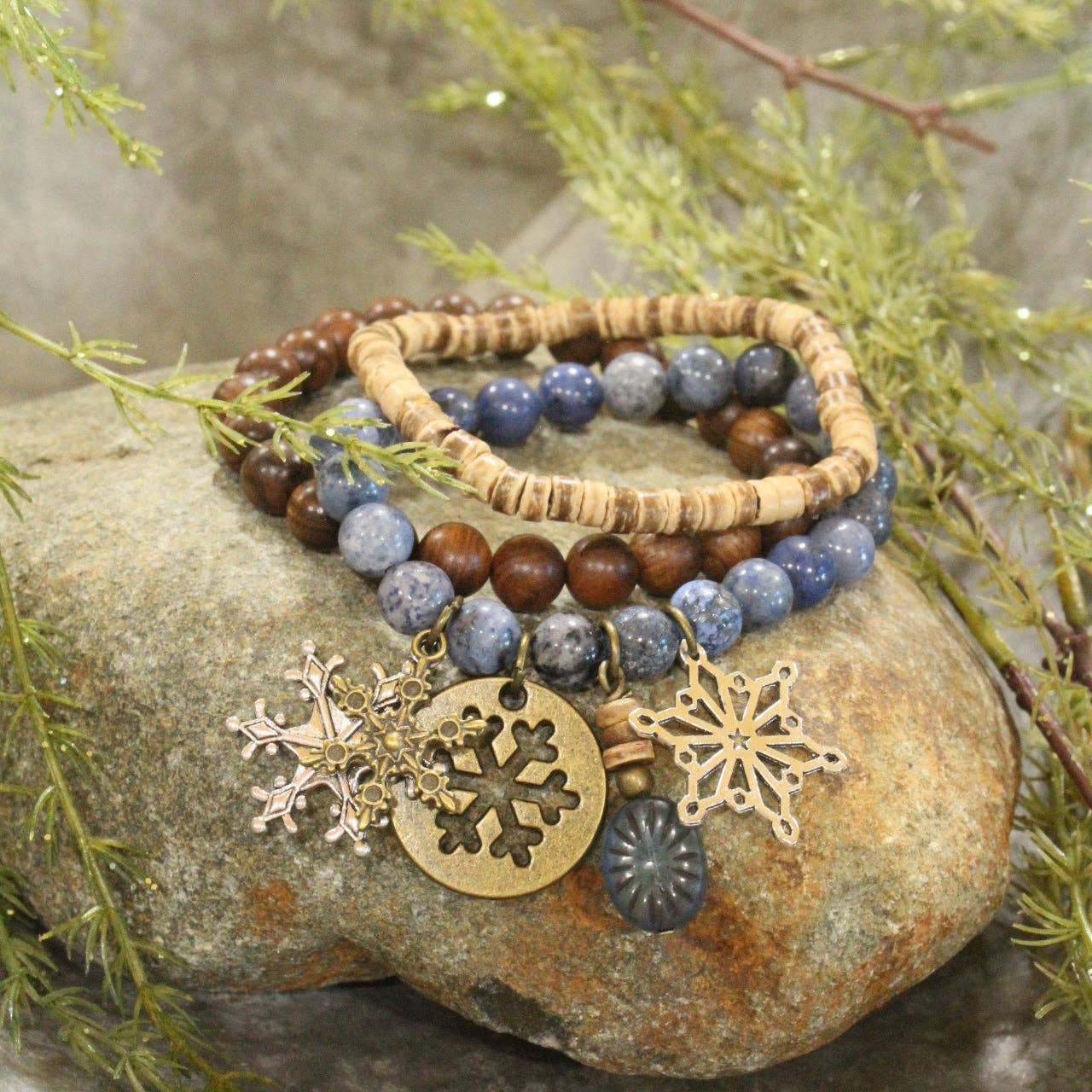 Czech Stone &amp; Bronze Snowflake Stretch Blue Bracelet Set