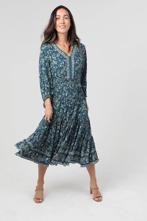 Teal Smocked Waist Midi Dress