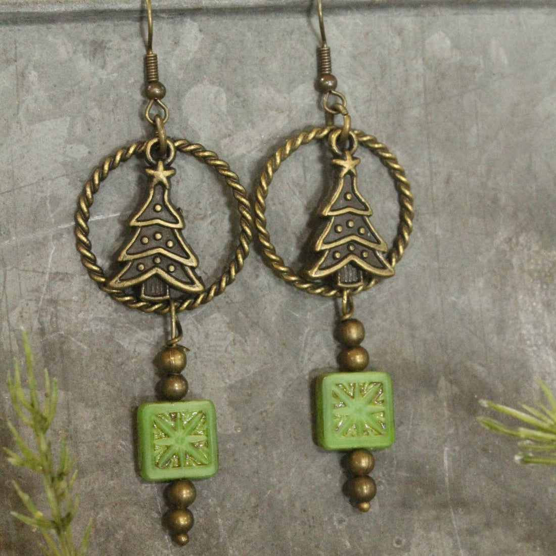 Czech Star &amp; Evergreen Christmas Dangle Earrings