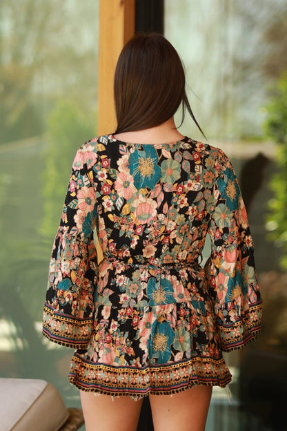 Black Floral V-Neck Tie Tunic Top
