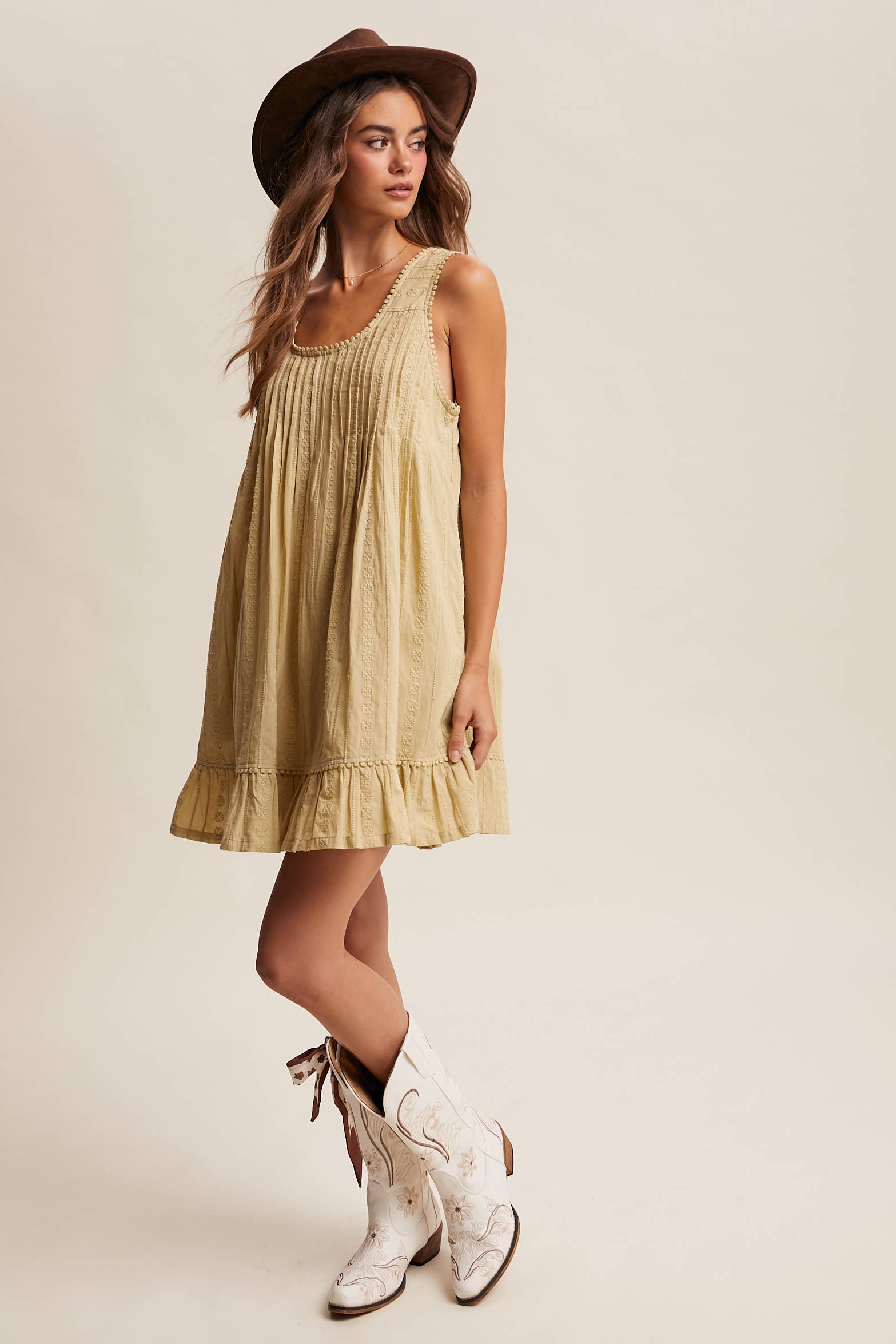 Pintuck Mini Dress - Light Olive - Vintage Vault Boutique