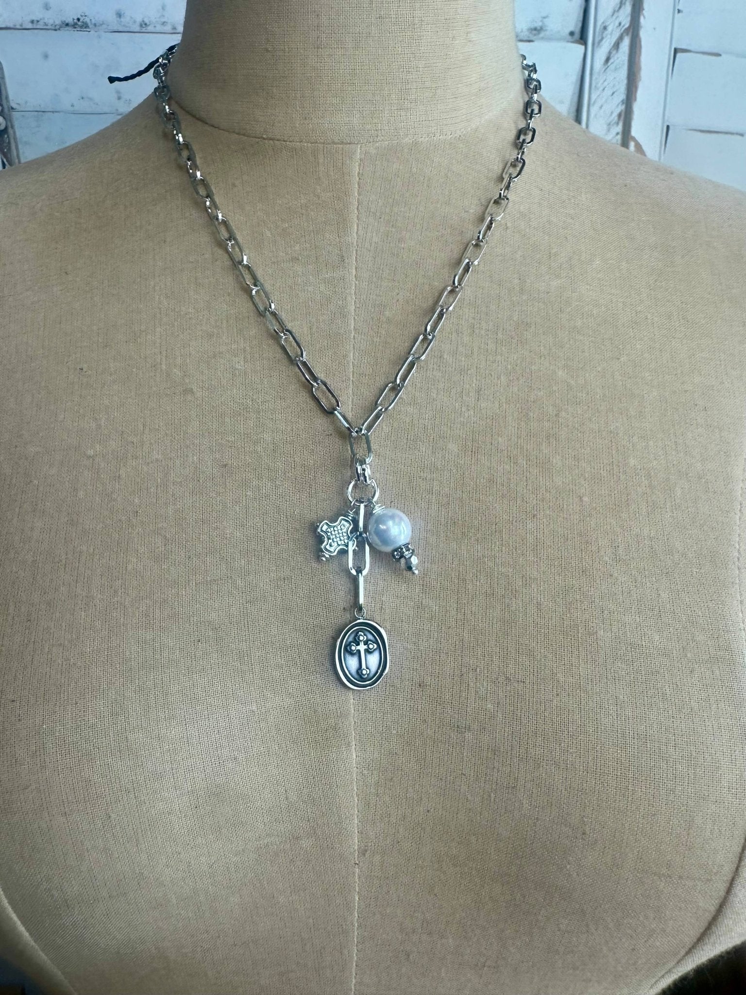 Silver Cross Pearl Necklace - Vintage Vault Boutique