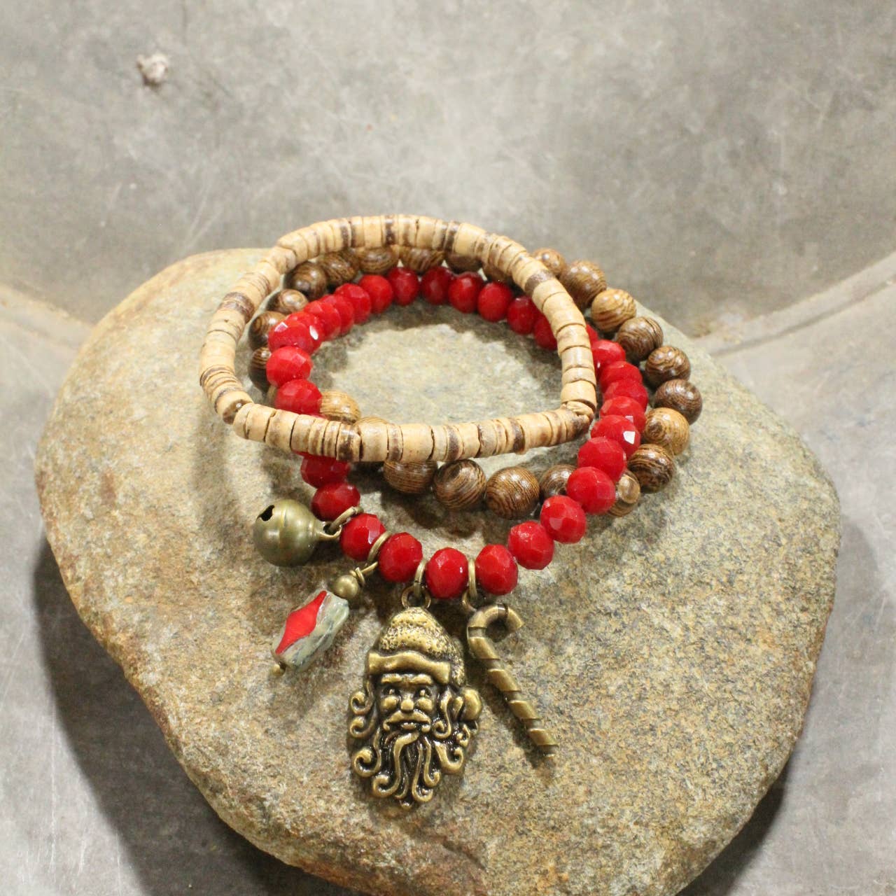 Czech Stone &amp; Bronze Santa Stretch Bracelet Set