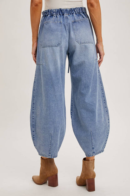 Denim Mid-Rise Drawstring Barrel Jeans