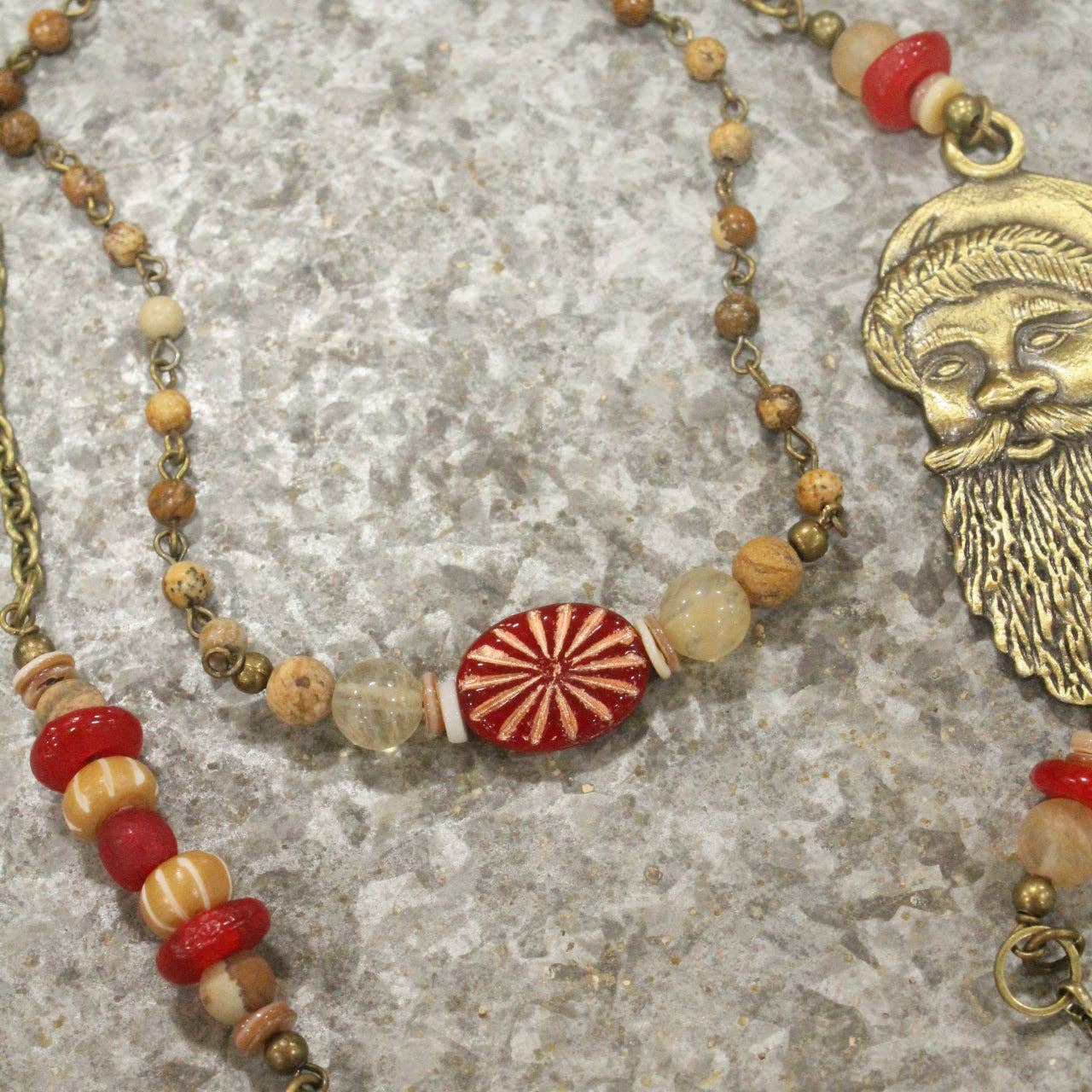 Bronze Santa &amp; His Czech Candy Layered Pendant Necklace