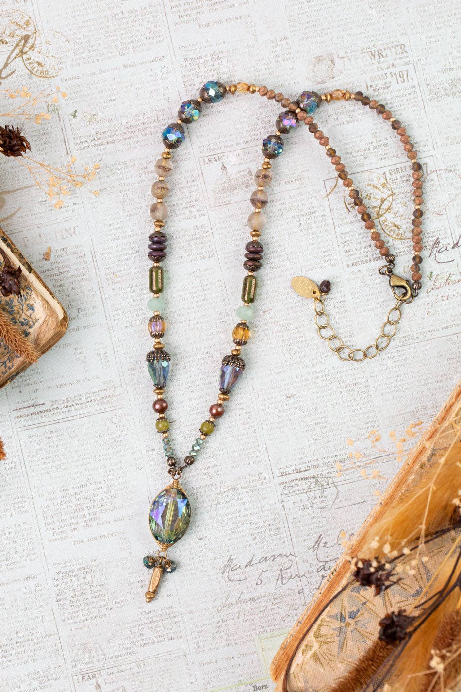 Crisp Autumn 18.5-20.5" Green Jade, Crystal, Freshwater Pearl Statement Necklace