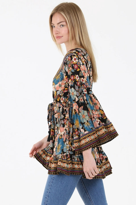 Black Floral V-Neck Tie Tunic Top