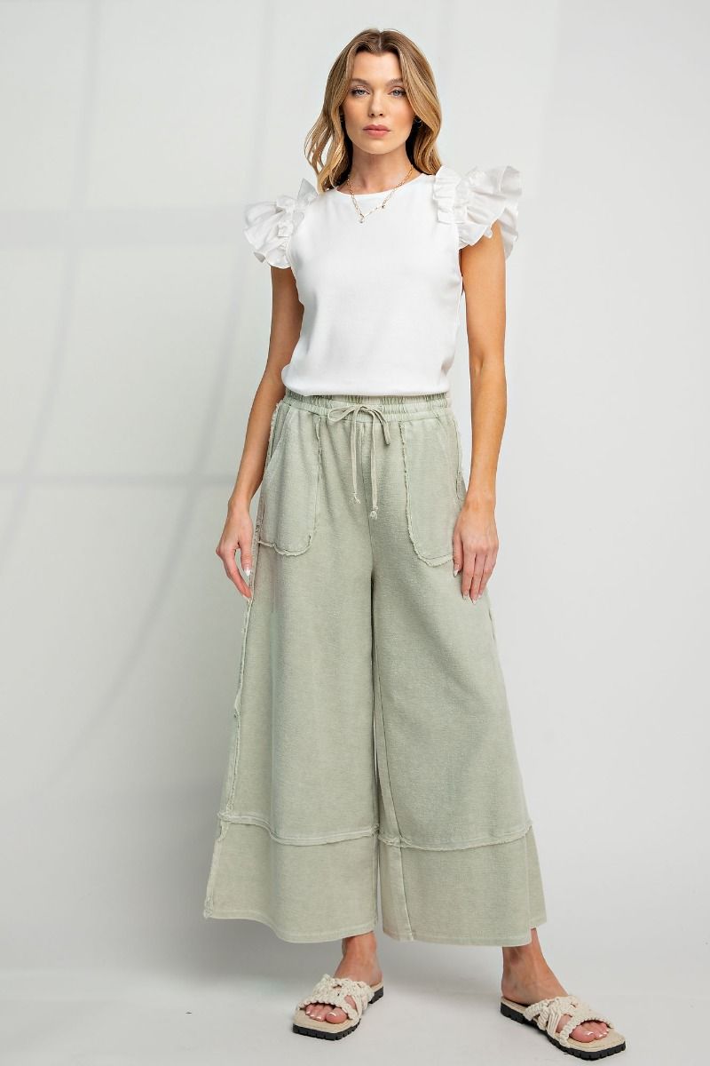 Wide Leg Upside Down Terry Knit Palazzo Pants FADED OLIVE