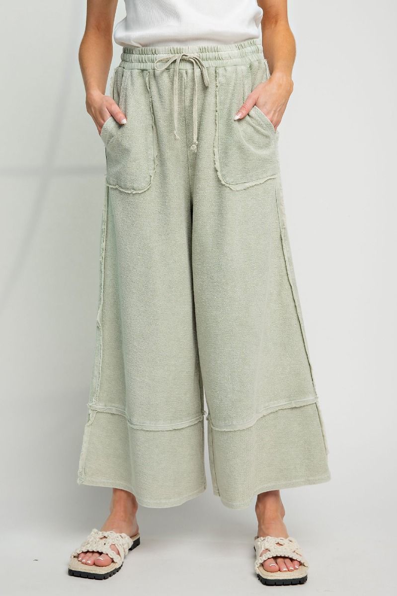 Wide Leg Upside Down Terry Knit Palazzo Pants FADED OLIVE