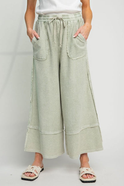 Wide Leg Upside Down Terry Knit Palazzo Pants FADED OLIVE