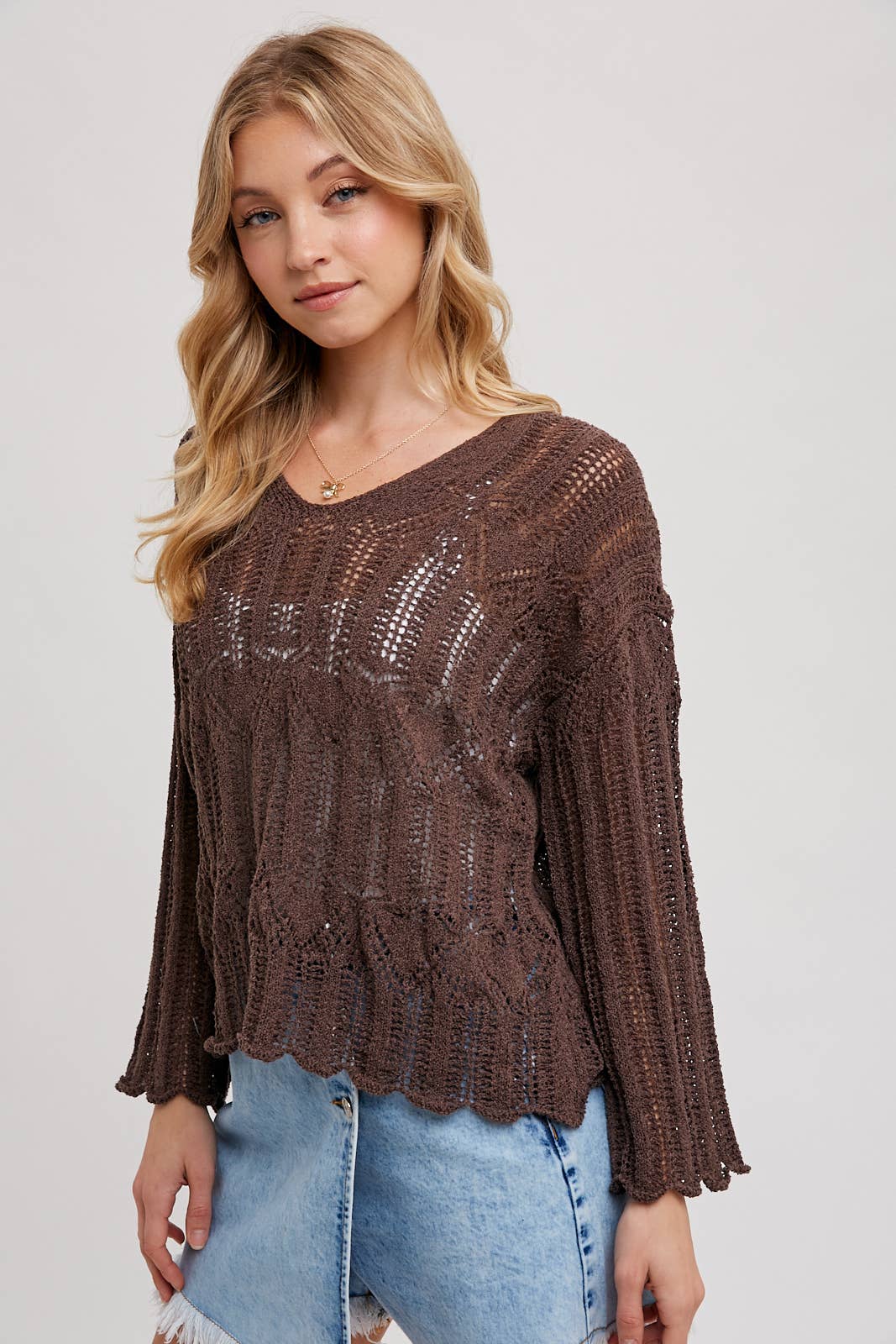 Open Knit Sweater V-Neck Pullover COFFEE