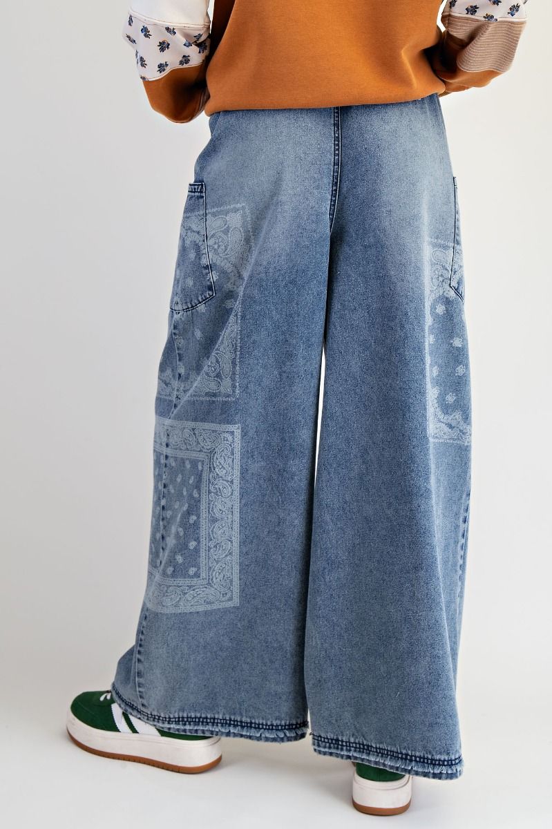 Washed Denim Wide Leg with Bandana Print Pant