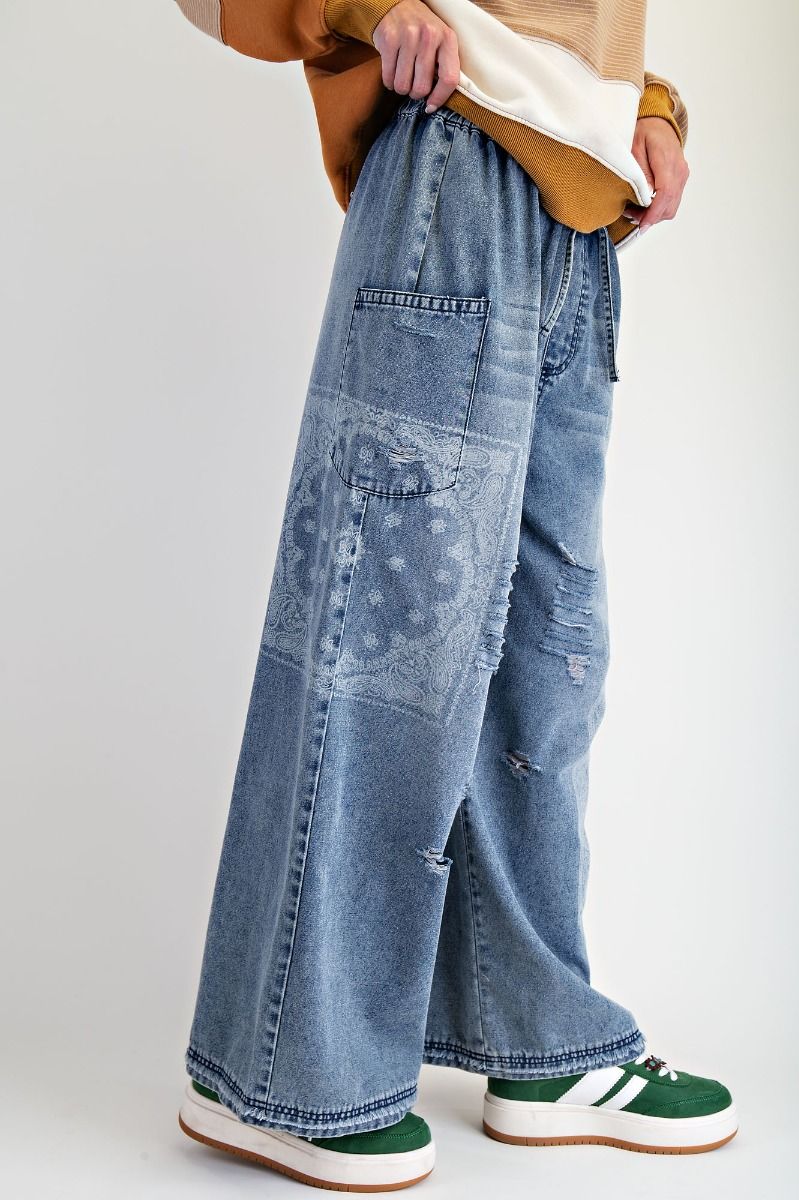 Washed Denim Wide Leg with Bandana Print Pant