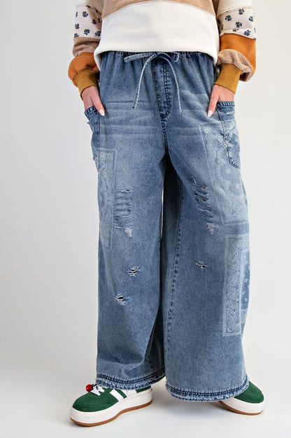 Washed Denim Wide Leg with Bandana Print Pant