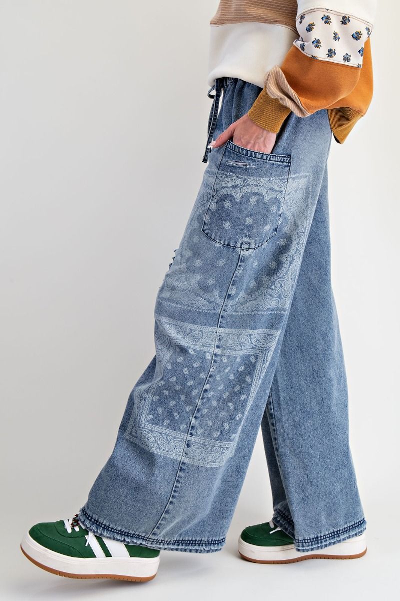 Washed Denim Wide Leg with Bandana Print Pant