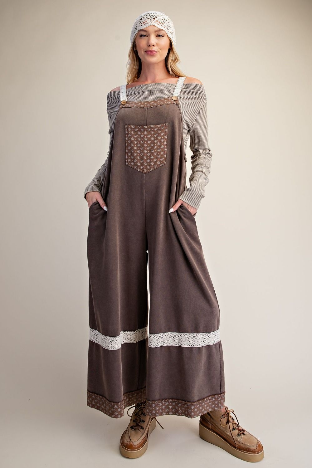 Mocha Wide Leg Washed Terry Overalls - Vintage Vault Boutique
