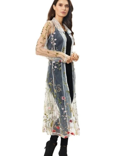 Embroidered Duster with a Tapestry of Floral Motifs WHITE