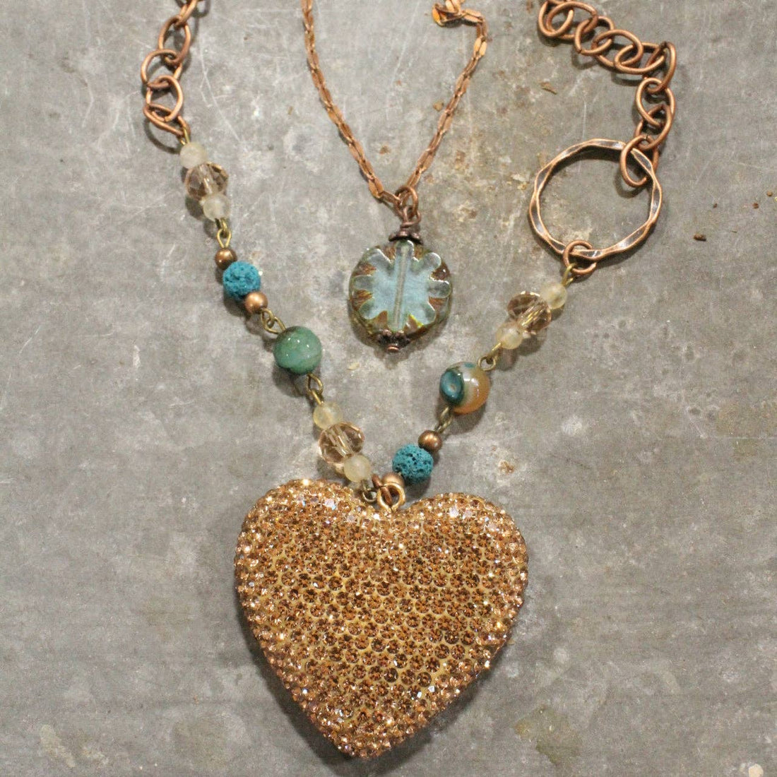 Sparkling Heart &amp; Layers Of Blue Mint Czech Necklace