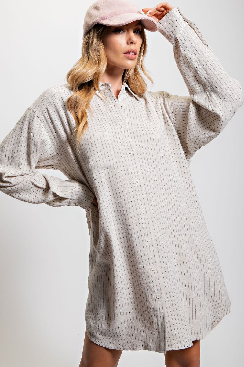 Long Sleeve Striped Linen Shirt Dress