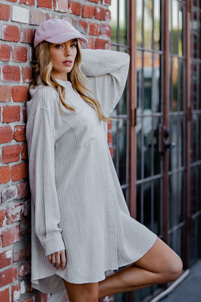 Long Sleeve Striped Linen Shirt Dress